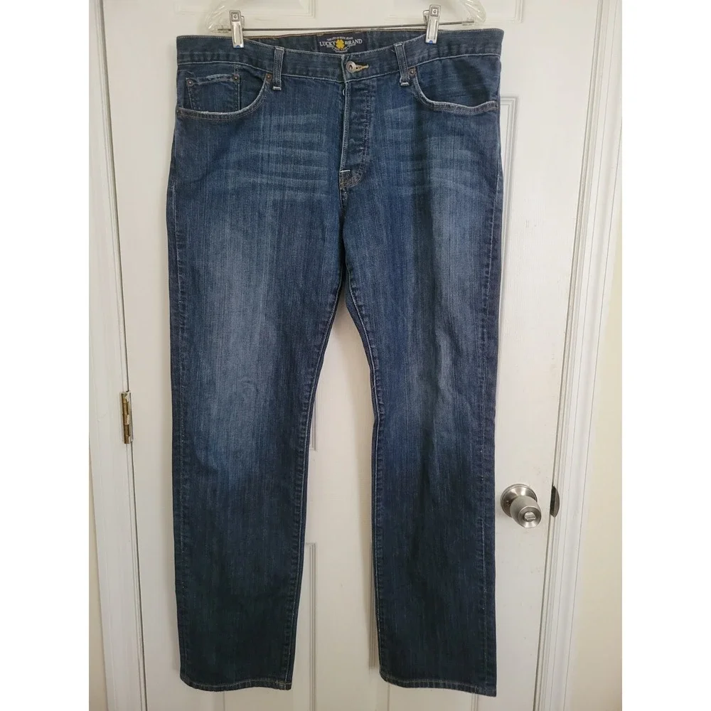 Lucky Brand‎ Mens Blue Solid Button Fly 221 Original Straight Jeans 38x34